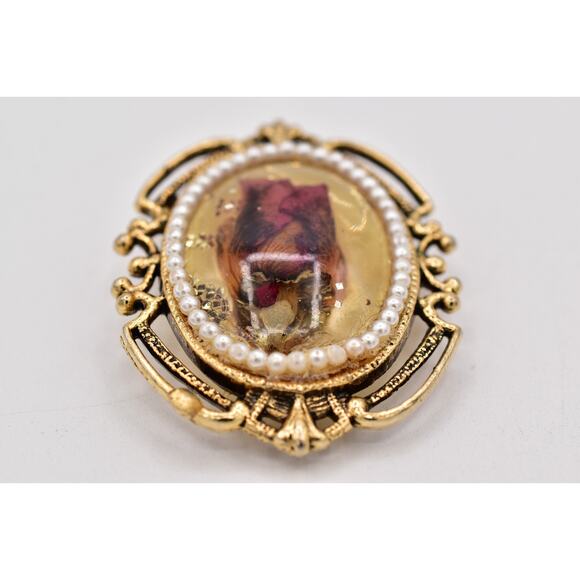 Vintage Dried Rosebud Flower Pin Brooch Antiqued Oval Romantic Chunky 70s BinBP - Picture 5 of 12